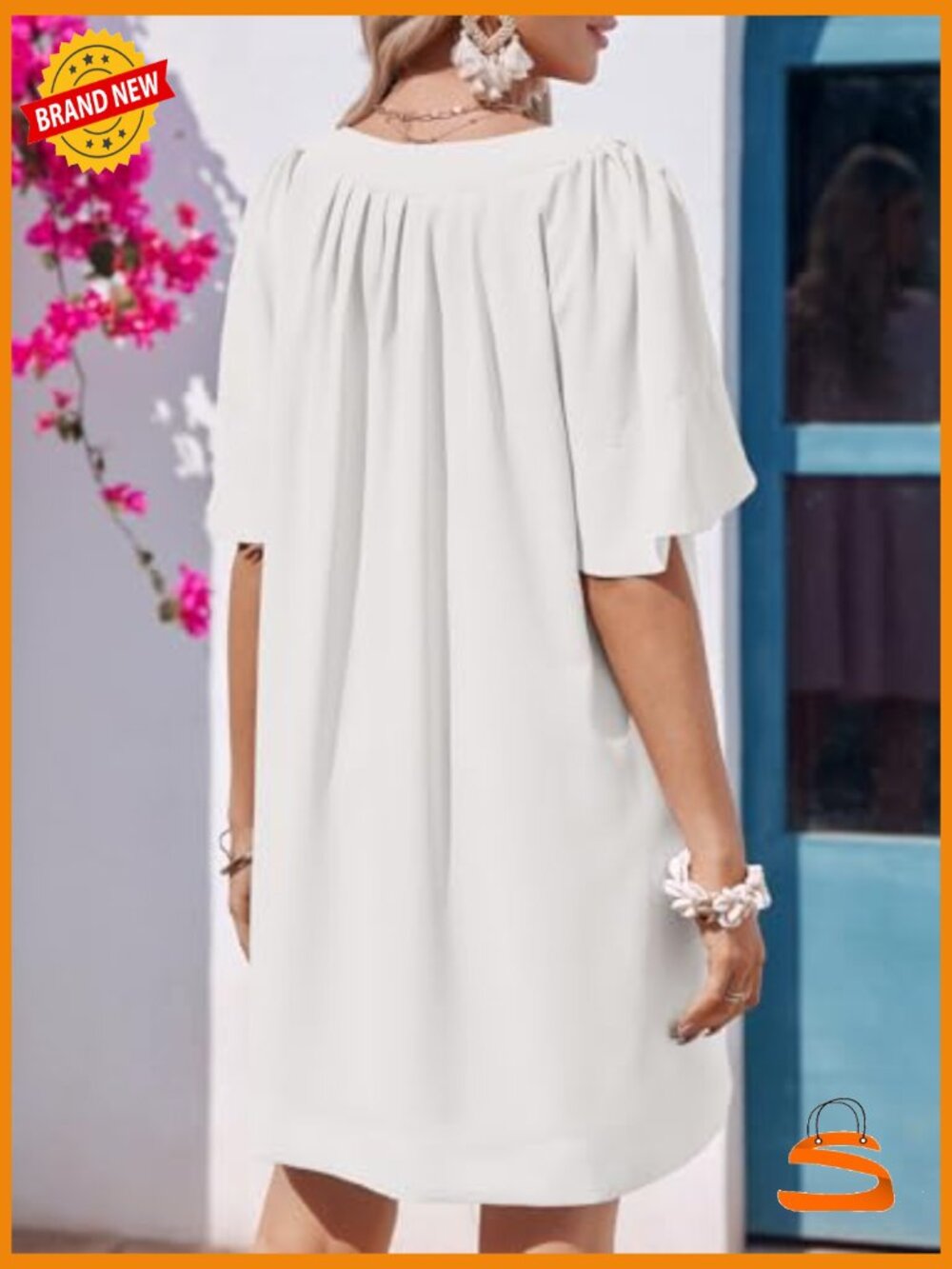 Flutter Short Sleeve Mini Dress V Neck Loose Flowy Summer Shift - Picture 5 of 7